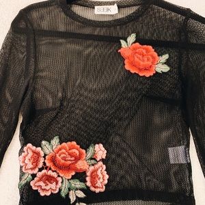 Mesh Long Sleeve With Rose Embroidering